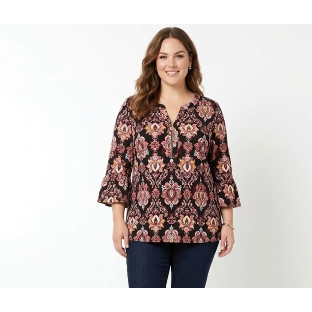 Roz & Ali size 2X Black Red Floral Half Zip‎ Stretch Knit 3/4 Sleeve Blouse